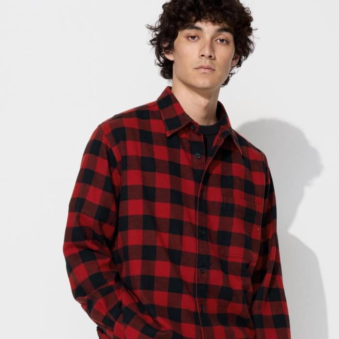 Kemeja Flannel Uniqlo Original Merah Pria Distro Wanita Kotak Panjang Casual Maroon Oversize Hitam U