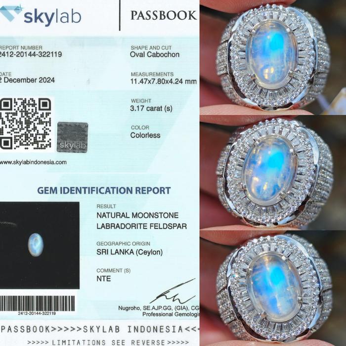 Natural HQ Batu Biduri Bulan Air Laut Blue Moonstone Ceylon Sri Lanka Untreated No Treatment 3.17 Ct