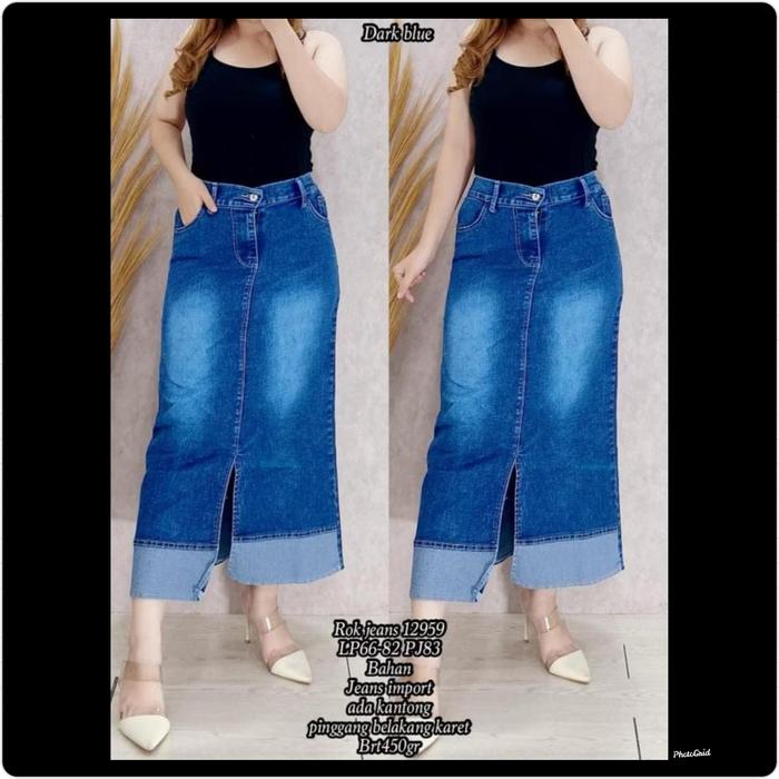 UW Rok Wanita panjang polos ada slit tengah Jeans Denim pinggang belakang karet lpmax 82cm pj83cm