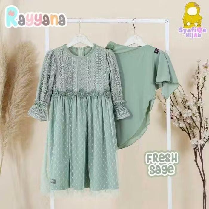 Gamis Rayyana Set Hijab By Syafiqa | Set Baju Gamis anak Perempuan | Preloved Gamis Anak Brukat Set 