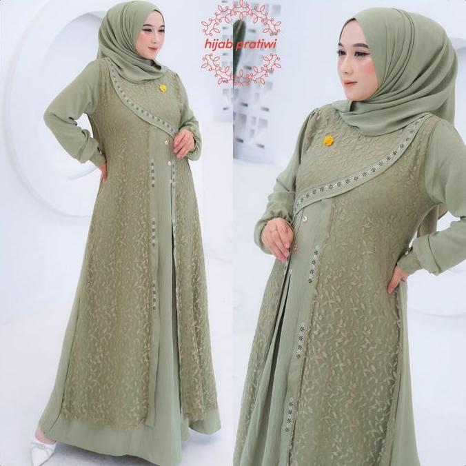 Tergacor Zulfa Dress Gamis Crinkel Free Hijab 2025 Elegan Mix Brokat Modern Gamis Viral Kekinian Ter