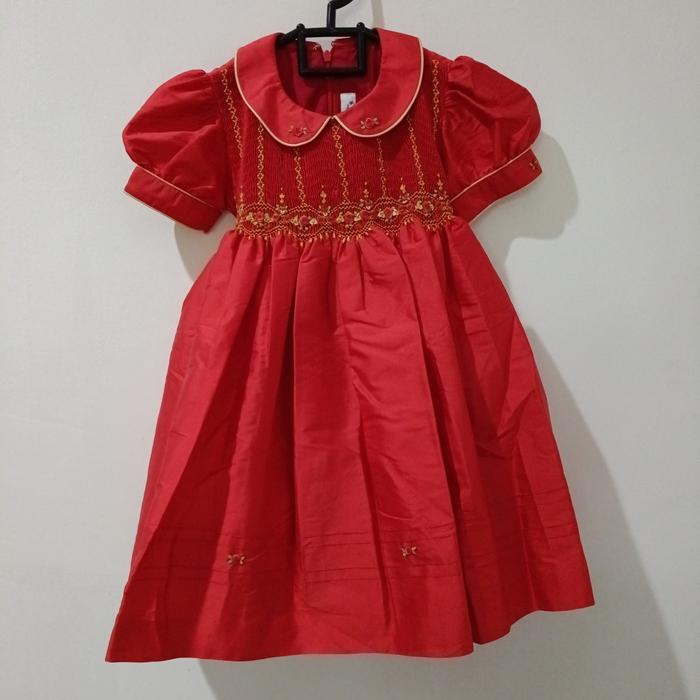 Preloved Dress Smocked anak perempuan Red Pretty Stitches 3years almost new