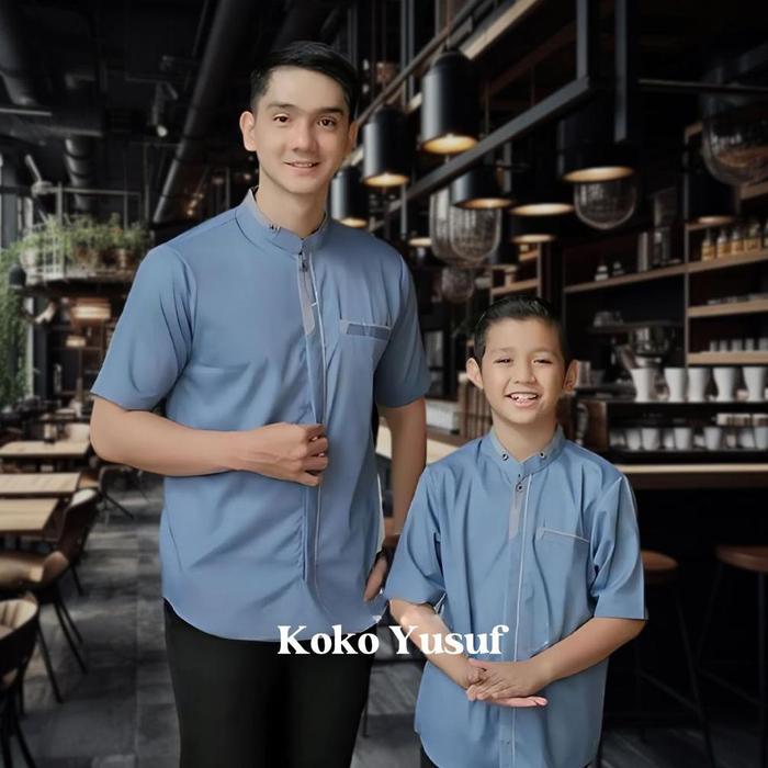 Baju Koko Couple Ayah Dan anak Laki Laki Lengan Pendek Terbaru Kain Toyobo Warna Denim burgundy lila