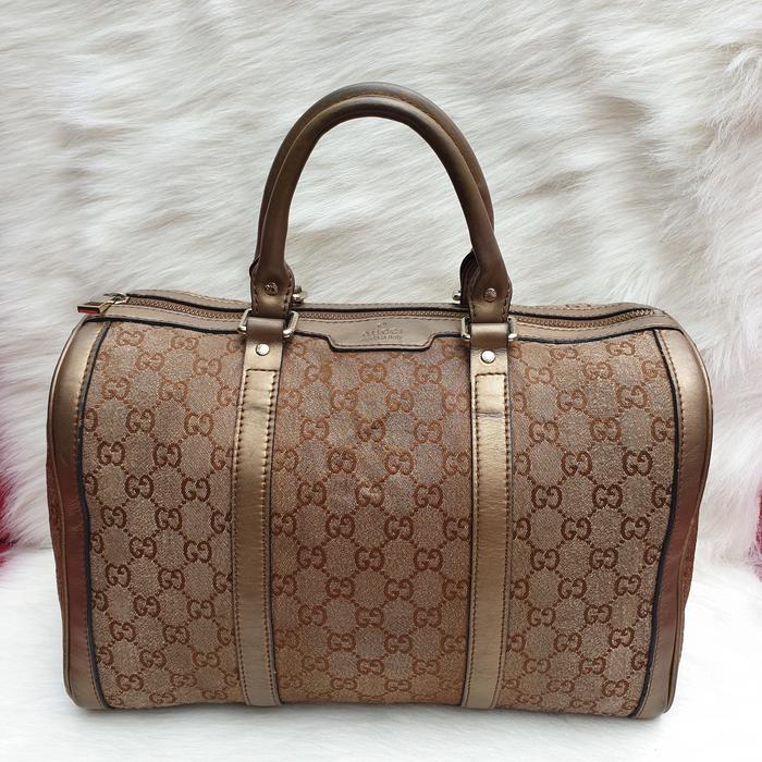 Tas Wanita Boston Roomy Handbag Kanvas Mix Kulit Asli
