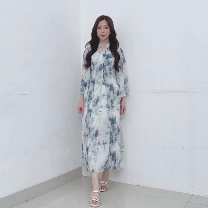 Floral Midi Dress Muslim|Dress Cardigan Set Kekinian |Maxi Dress Hijau Lengan Panjang|Cheongsam Dres