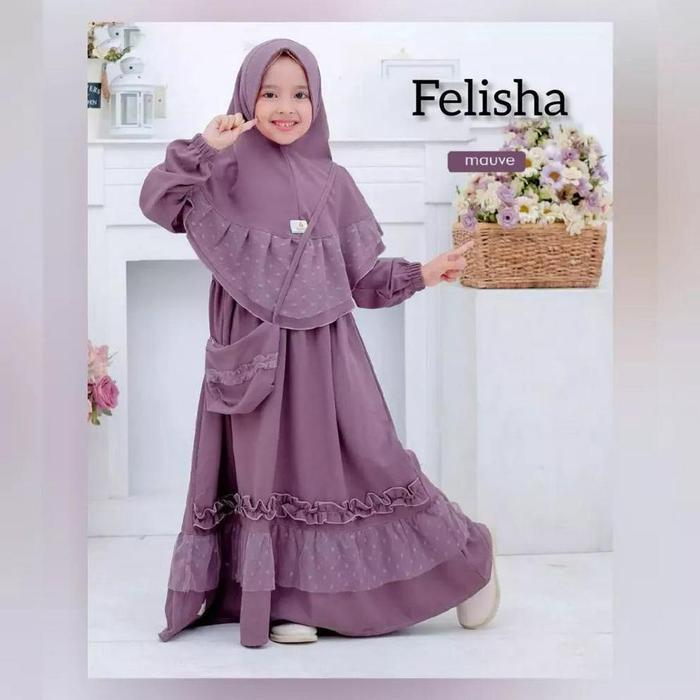 Baju Anak Perempuan Felisha Syari Kids Mc Bahan Shakila Mix Tile Dot Gamis Set Hijab Anak Perempuan 