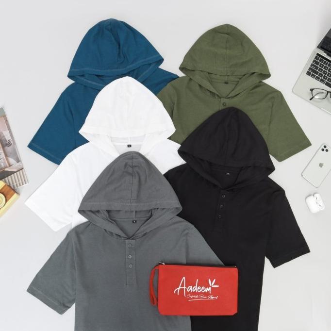 Henley Hoodie Aadeem / Kaos Hoodie Katun Bambu / Kaos Kupluk Pria