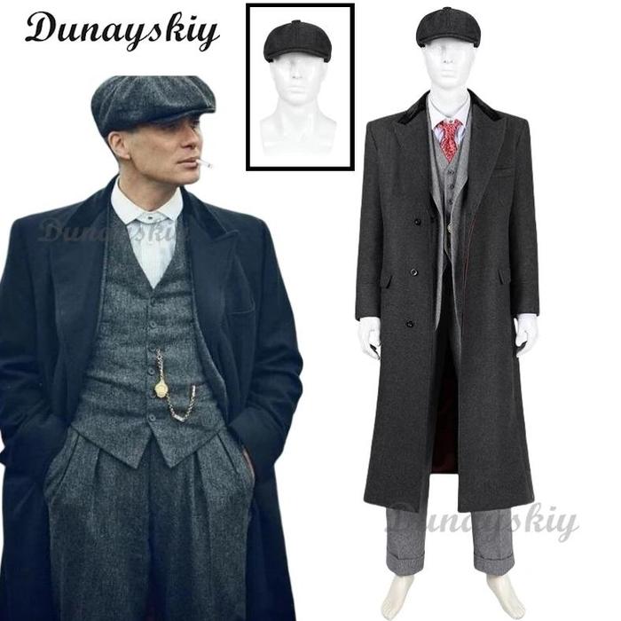 Tommy Shelby Cosplay Costume Hats Man Peaky 6 Long Trench Coat Suit Outfit Full Set Retro British Ne