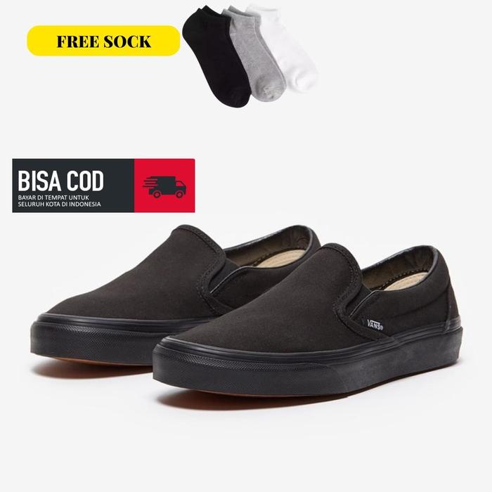 BERKUALITAS FREE KAOS KAKI - SEPATU SLIP ON FULL BLACK VANS OLD SKOOL 38 - 44 / SEPATU TANPA TALI HI