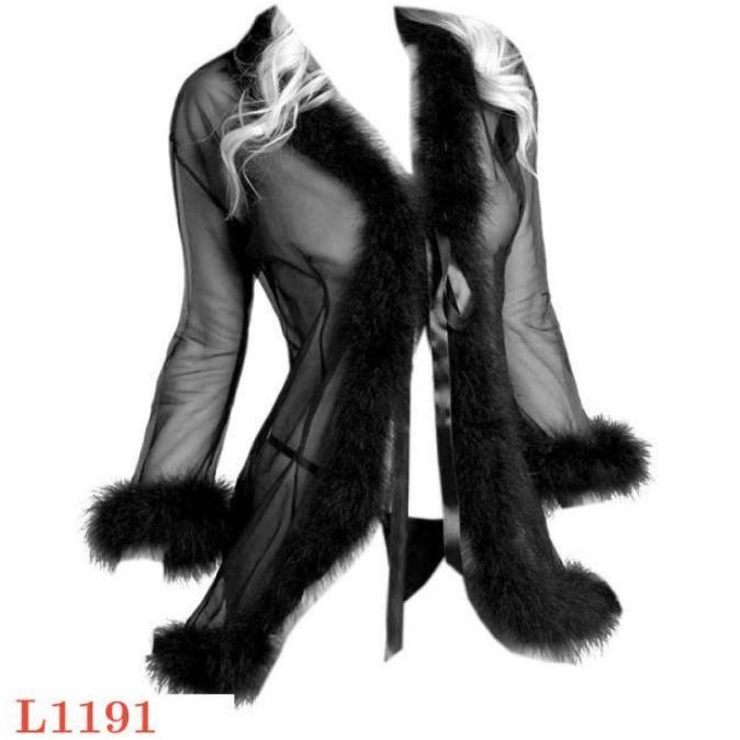 BEST L1191 Baju Tidur Haram Sexy Robe Kimono Hitam Lengan Panjang Tepi Bulu