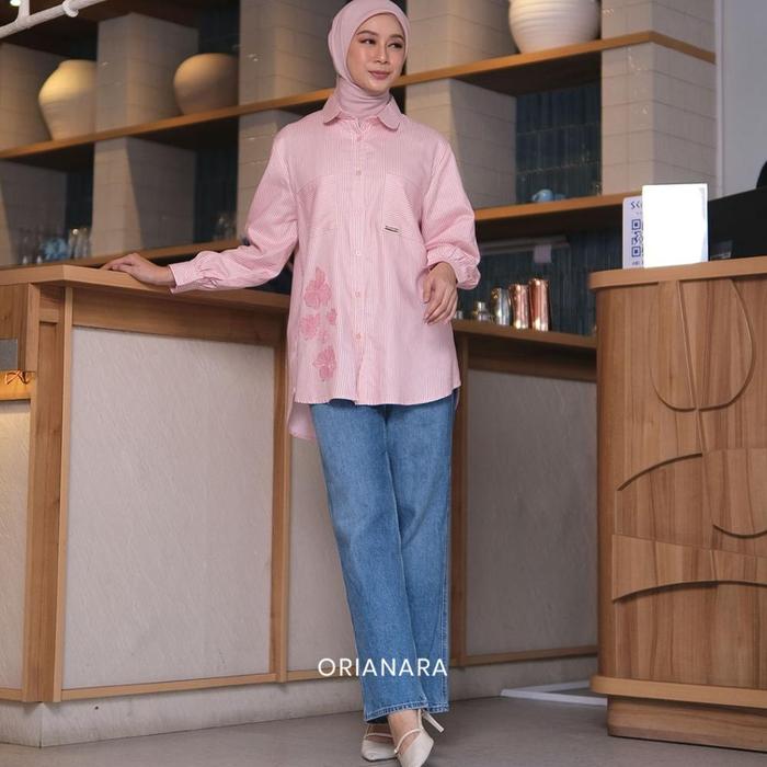 Orianara Janan Shirt Kemeja Oversized Wanita Atasan Wanita Tunik Salur Polos Panjang