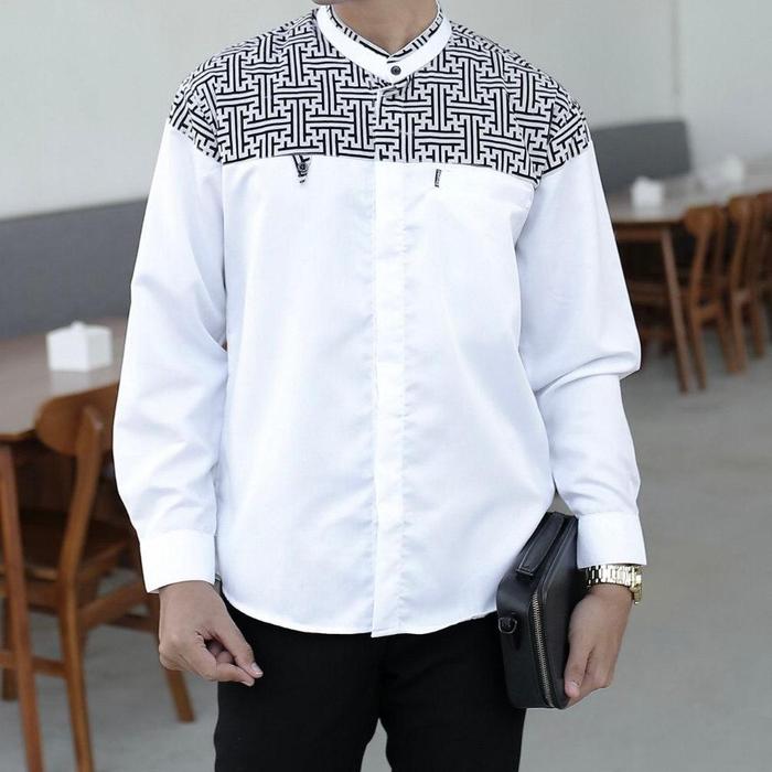 Baju Koko Pria Lengan Panjang El Rumi Motif Senopati Kombinasi Batik Warna Abu-abu