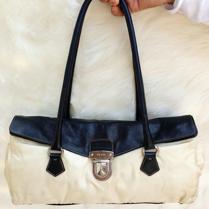 Prada Tas Totebag Shoulder Bag Nylon mix Kulit Asli Wanita Second