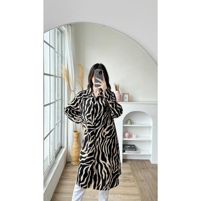 Tunik Kerah Printing Zebra Wanita Lyodra Original Bymichi Klipbusana - Midi Dress Hijab Perempuan Mo