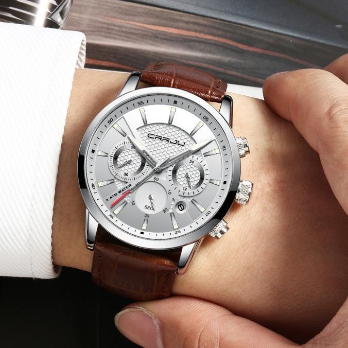 Jan Tangan Pria Crrju Chronograph Kalender Tahan Air Jam Kulit Kuarsa 2212