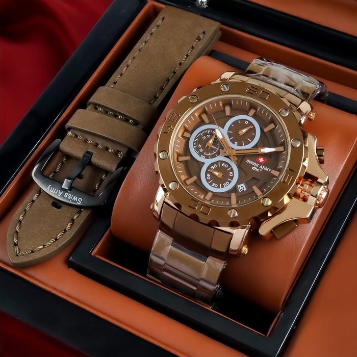 Jam Tangan Swiss Army Crono aktif Rantai Free box coklat