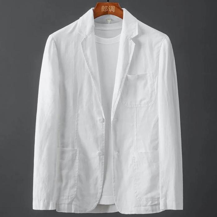 Mantel Setelan Linen Katun Putih Pria Musim Semi Musim Panas Warna Murni Jaket Blazer Pria Tipis Bis