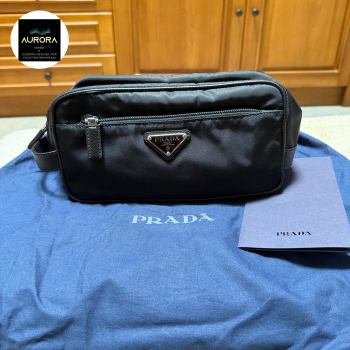 PRADA RE-NYLON and SAFFIANO LEATHER TRAVEL POUCH BLACK