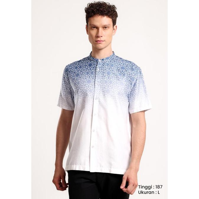 MANZONE Kemeja Shanghai Pria Lengan Pendek ZAKARI - Navy White