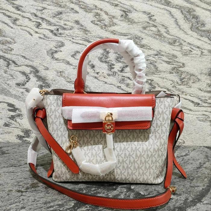 tas wanita mk hamilton legacy small belted satchel sign deep orange multi ss