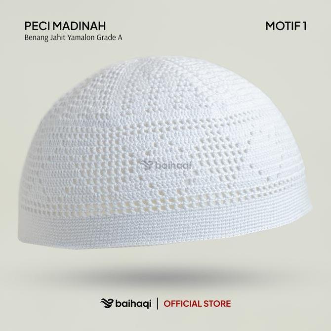 BAIHAQI - Peci Madinah Bahan Benang Jahit Yamalo Handmade | Peci Haji Putih | Peci Rajut Dewasa