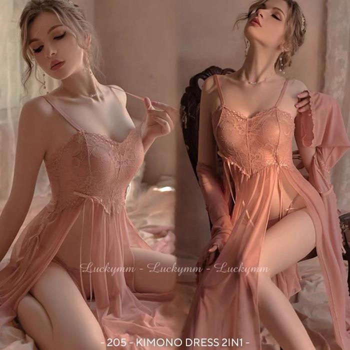 Sexy Lingerie Kimono Set Transparan Sleepwear Long dress Lingerie Transparan Kimono 2in1 205