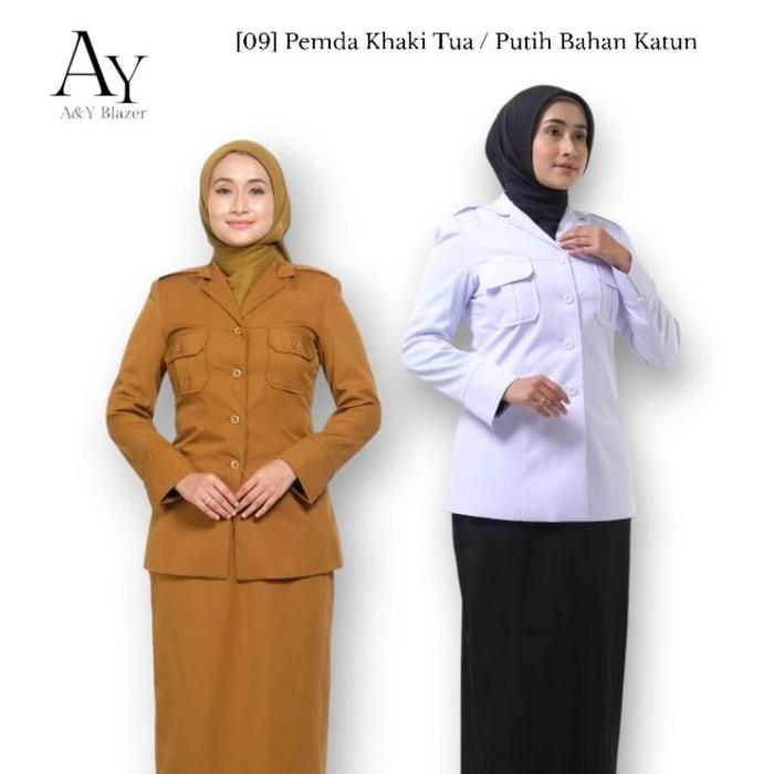 TERBARU [09] A&Y Blazer Baju Seragam SAKU DADA PDH Guru / PNS Wanita Warna Khaki Tua & Putih | Serag