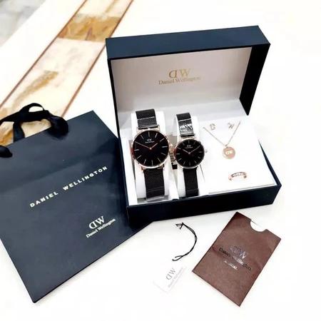 WTT Jam Tangan Couple DW + Set Box Rantai Pasir  Bulat Jamtangan Simple Mewah Pria Wanita  Anting Ge