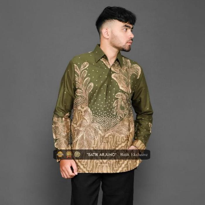 Kemeja Baju Batik Pria Lapis Furing Ekslusive Lengan Panjang Anggrek Hijau Lumut Ijo