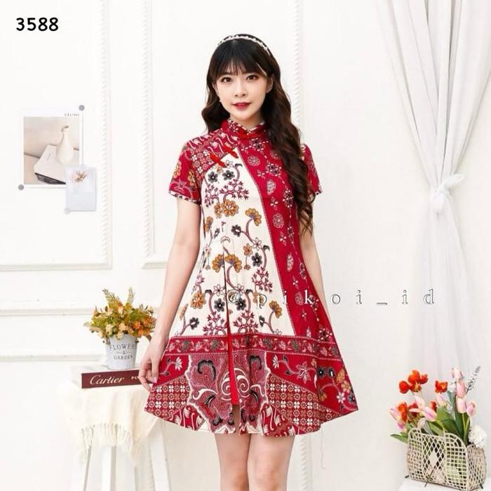 Couple dress batik modern merah imlek / Cheongsam qipao dress merah batik wanita / kemeja pria BELLE