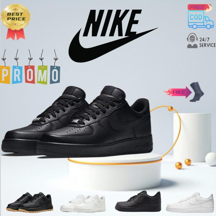 SEPATU Nike Air Force 1 Hitam murni + putih murni Triple White 100% BNIB
