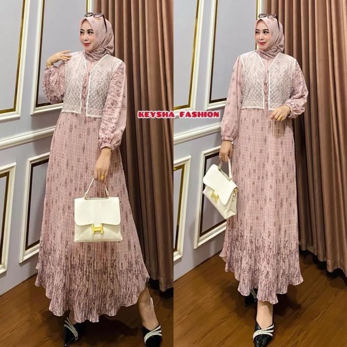Gamis Ceruty Plisket Premium Rompi Renda Brukat Plus Hijab