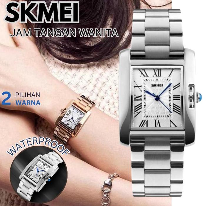 New SKMEI Jam Tangan Wanita Dewasa Analog Anti Air Kotak Tali Rantai Rante Stainless Kecil Skmei 128