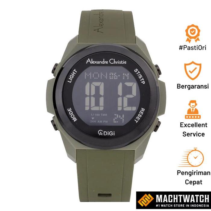 Original Jam Tangan Pria Alexandre Christie AC 9342 MHRIGBAGN Men Black Digital Dial Green Rubber St