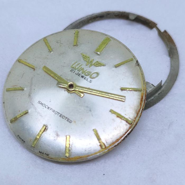 Mesin jam tangan antik wingo 21 jewels swiss made manual winding lengkap dial hand jarum dan dudukan