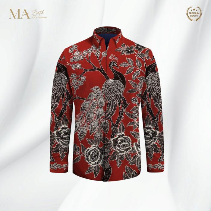 kain batik katun tulis berpola kemeja pria merah burung