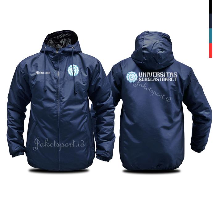 Jaket UNS Universitas sebelas maret kampus almamater custom bahan parasut semi wf free nama casual