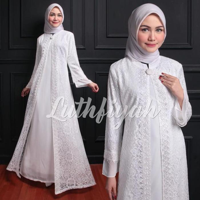 Gamis Brukat Lebaran 2022 Model Gamis Terbaru Remaja Mewah Broken White Model Bukaan Belah Depan