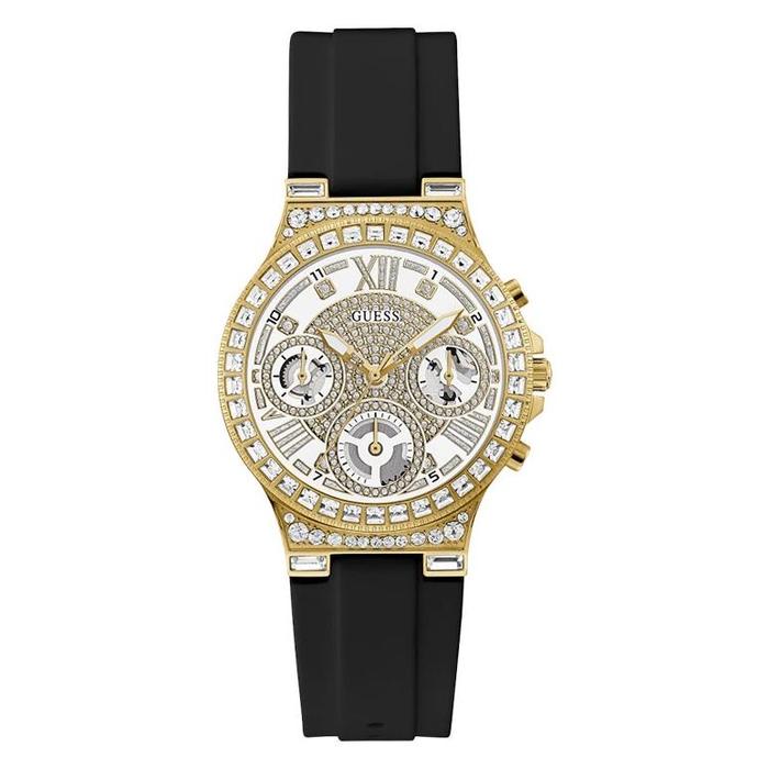 Original Jam Tangan Wanita Guess Moonlight GW0257L1 Chronograph Glitz Champagne Dial Black Silicone