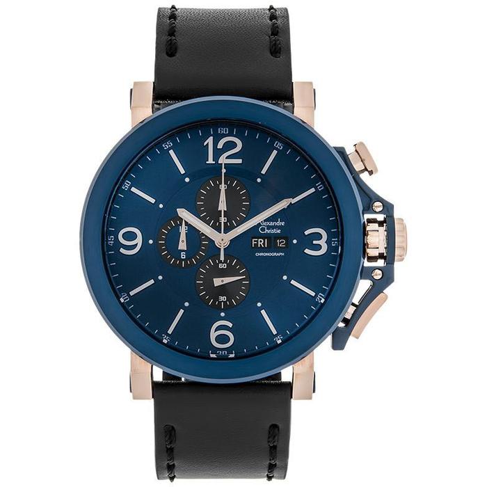 Original Jam Tangan Pria Alexandre Christie Chronograph AC 6281 MC LURBU Men Blue Dial Black Leather