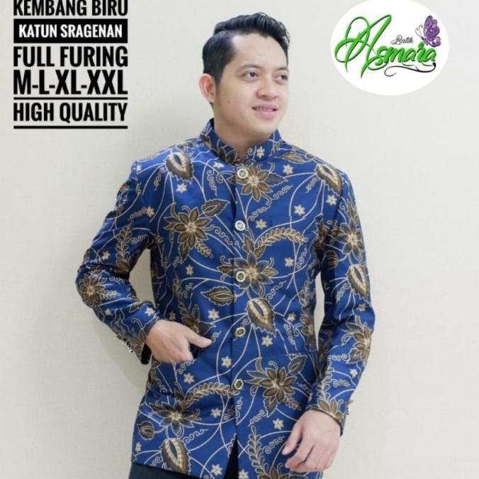 Kembang Biru Basopi Jas Blazer Batik Pria Modern Katun Full Furing -As