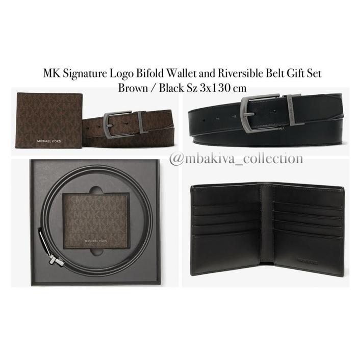 MK Signature Logo Bifold Wallet and Riversible Belt Gift Set Brown / Black