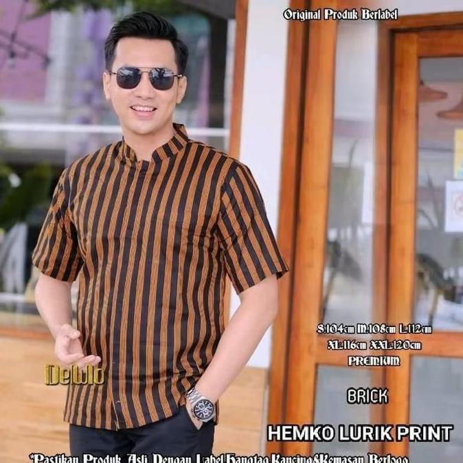 Kemeja Batik Lurik Pedan Asli Hem Koko Slimfit Coklat Hitam Kerah Sanghai Formal Outfit Lengan Bajub
