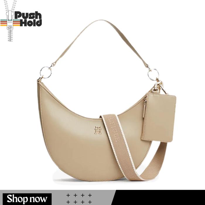 Tommy Hilfiger Monotype Shoulder Bag Wanita Original - Beige