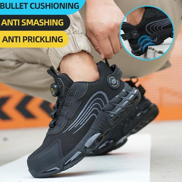 Sepatu Safety Tactikal Tali Putar Ujung Besi Hitam Casual Aeiso
