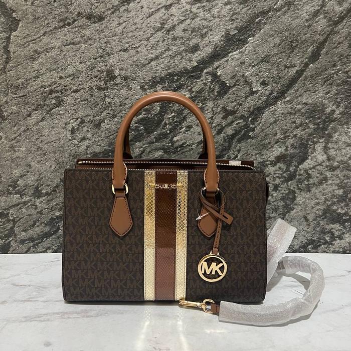 tas wanita mk sheila medium satchel brown gold ss