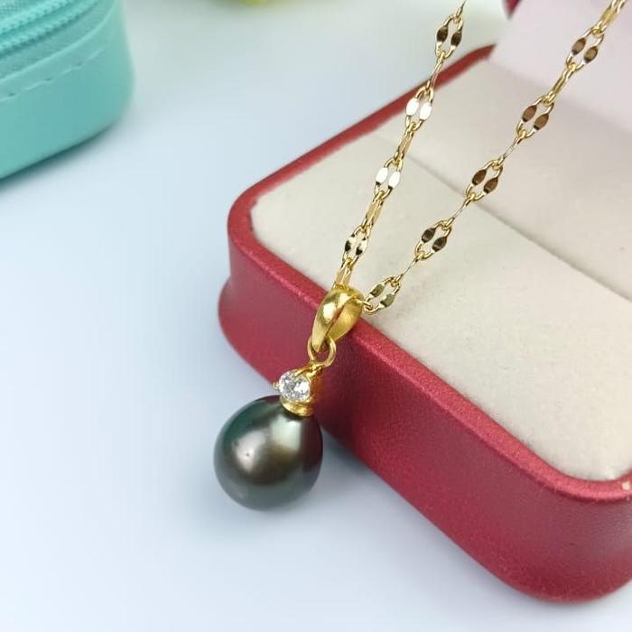 Liontin emas 22 karat mutiara air laut asli grade A warna hitam  bersertifikat bonus kalung Titanium