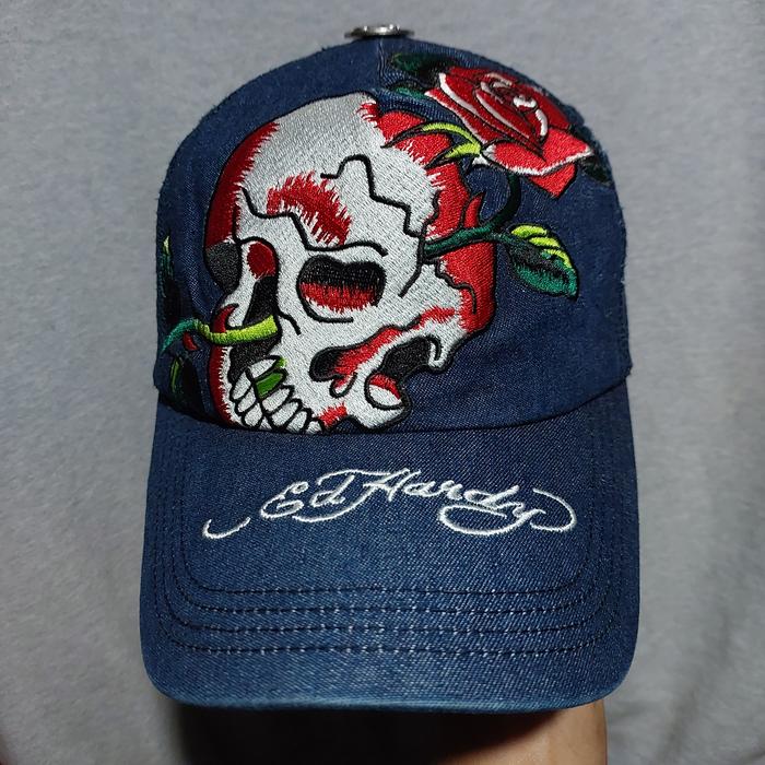 topi cap ED HARDY SKULL & ROSE trucker navy original RARE ITEM