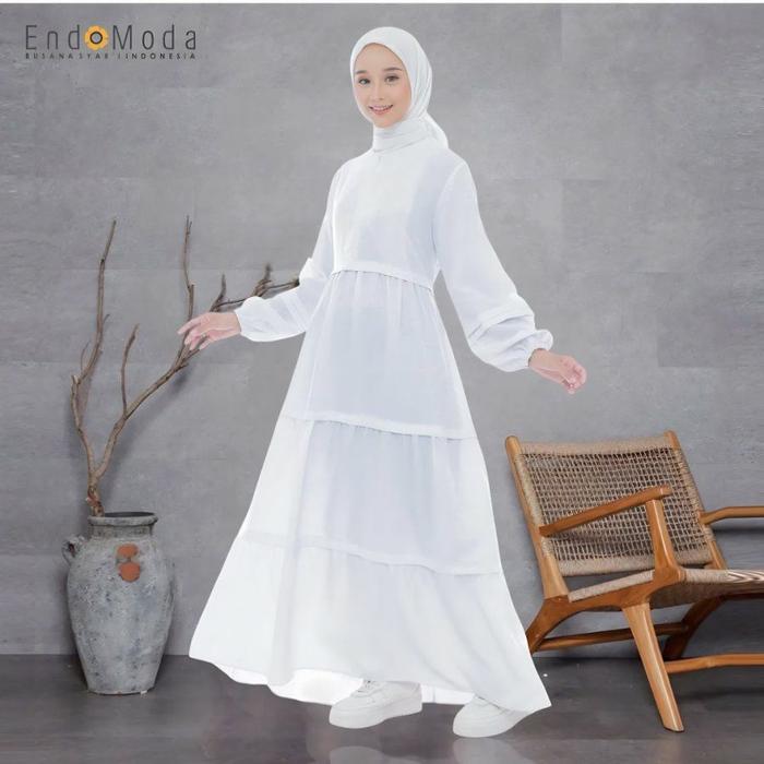 baju gamis wanita putih jacquard polos dress muslimah haji dan umroh haira II endomoda