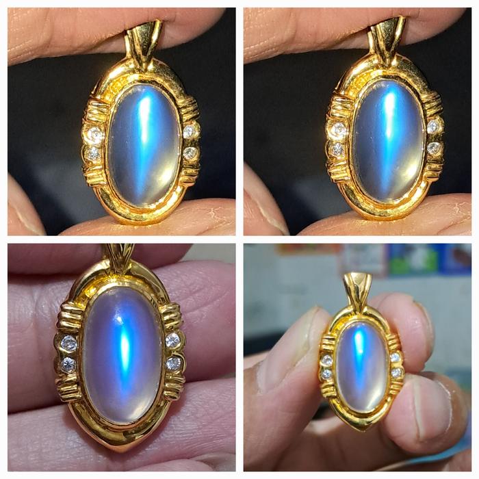 Biduri bulan. Moonstone HQ 15x9x8mm, emas berlian. Blue sheen. Tali lurus, sengaja dijadikan liontin